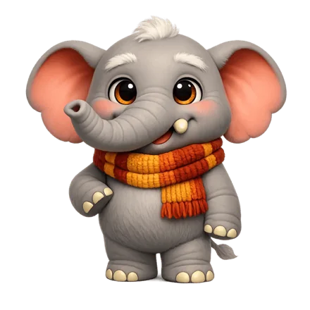 Bomani, an old grey elephant wearing a knitted amber scarf