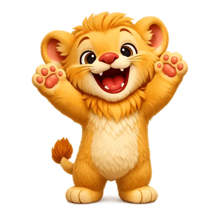 Rafi the lion cub with both paws in the air, cheering