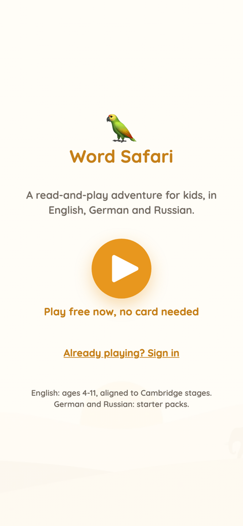 Word Safari start screen with the parrot wordmark and a Play free now, no card needed button