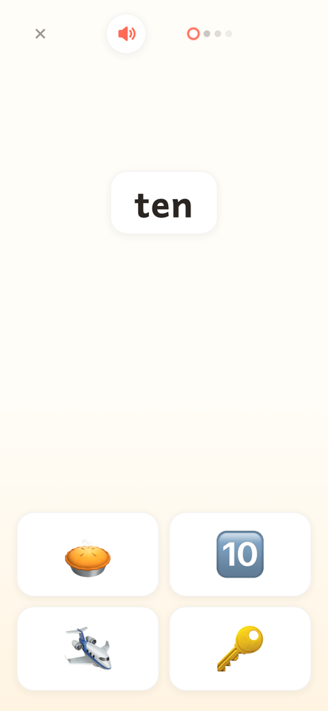 A reading round in Word Safari: the word ten shown above four picture choices including a pie and a key