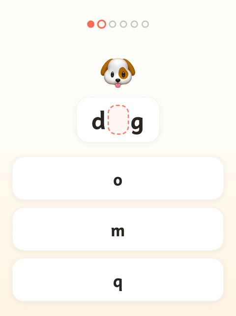 A missing-letter spelling exercise: the word dog with its middle letter blanked out, and three letter choices below