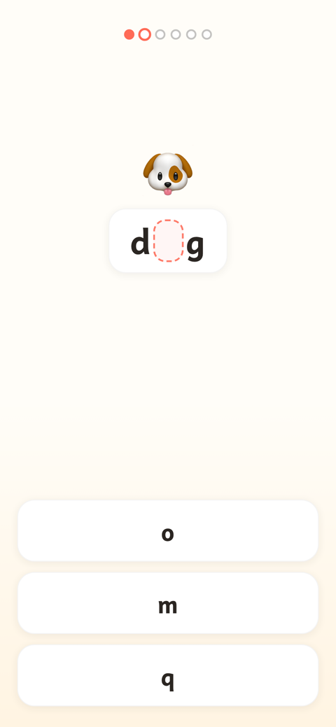 A missing-letter spelling exercise: the word dog with its middle letter blanked out, and three letter choices below